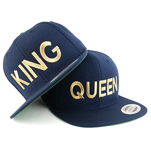 Trendy Apparel Shop King and Queen Gold Embroidered Flat Bill Structured Baseball Cap