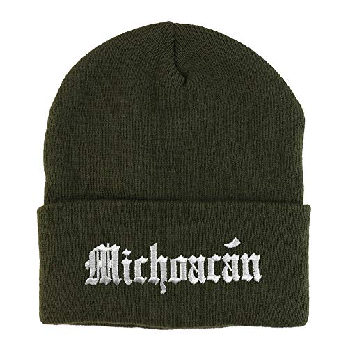 Trendy Apparel Shop Old English Michoacan White Embroidered Acrylic Knit Beanie Cap