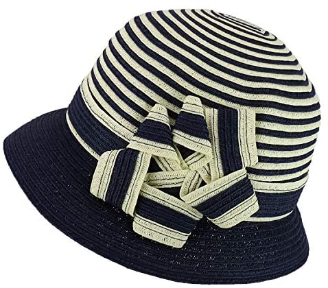 Trendy Apparel Shop Women's Flower Accent Striped Crown Paper Braid Bucket Hat