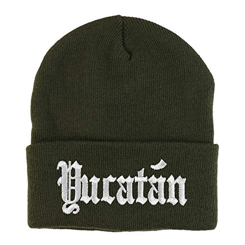 Trendy Apparel Shop Old English Yucatan White Embroidered Acrylic Knit Beanie Cap