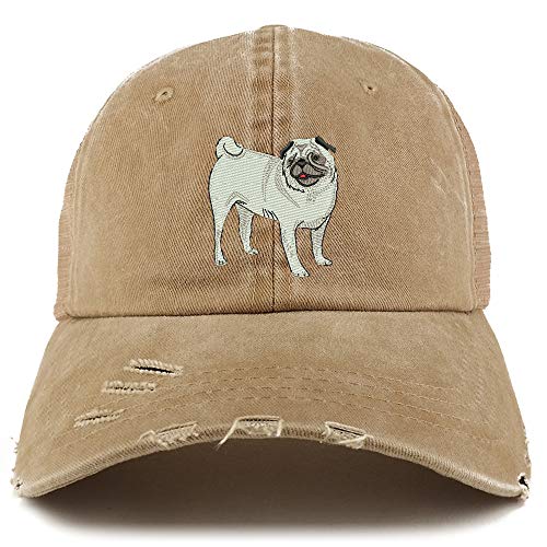 Trendy Apparel Shop Pug Dog Embroidered Frayed Bill Trucker Mesh Back Cap