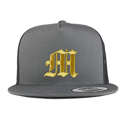 Trendy Apparel Shop Old English Gold M Embroidered 5 Panel Flatbill Trucker Mesh Cap