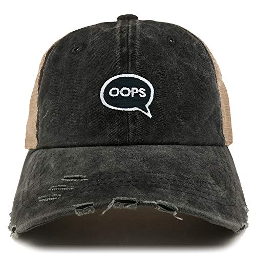 Trendy Apparel Shop Oops Patch Pigment Dyed Mesh Back Frayed Bill Trucker Cap