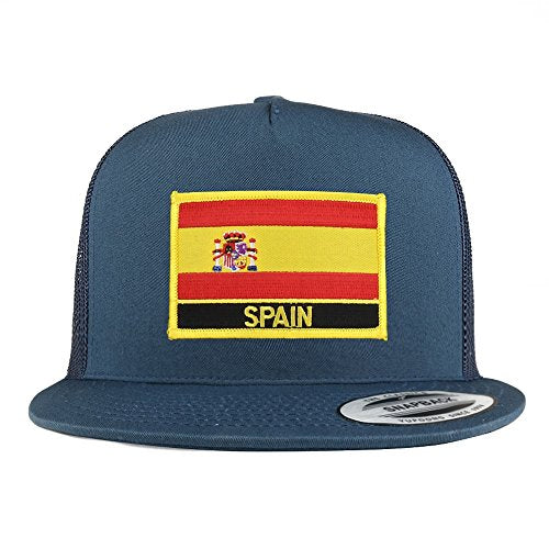 Trendy Apparel Shop Spain Flag 5 Panel Flatbill Trucker Mesh Snapback Cap