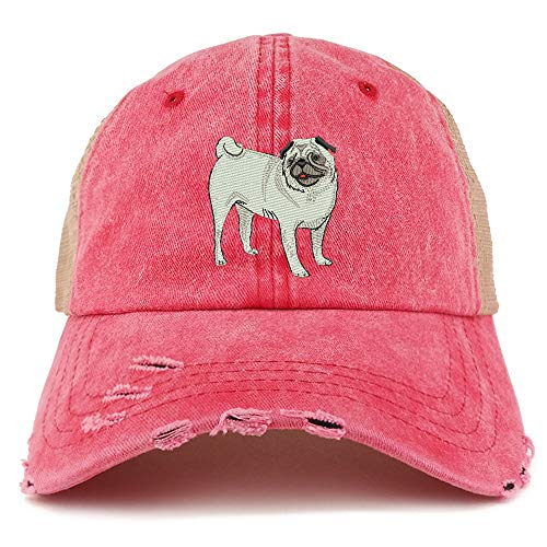Trendy Apparel Shop Pug Dog Embroidered Frayed Bill Trucker Mesh Back Cap