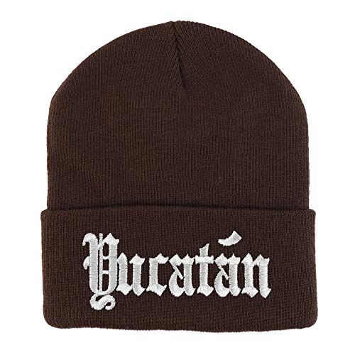 Trendy Apparel Shop Old English Yucatan White Embroidered Acrylic Knit Beanie Cap