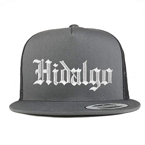 Trendy Apparel Shop Old English Hidalgo White Embroidered 5 Panel Flatbill Trucker Mesh Cap