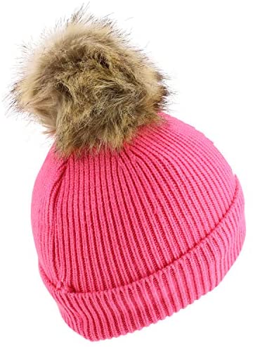 Trendy Apparel Shop Youth Size Kid's Smile Embroidered Faux Fur Pom Beanie