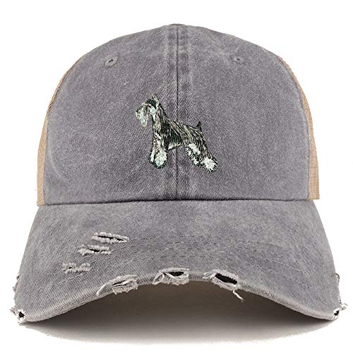 Trendy Apparel Shop Miniature Schnauzer Dog Embroidered Frayed Bill Trucker Mesh Back Cap