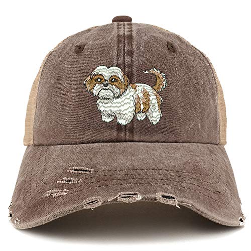 Trendy Apparel Shop Shih Tzu Dog Embroidered Frayed Bill Trucker Mesh Back Cap