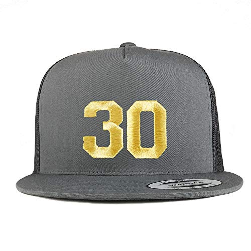 Trendy Apparel Shop Number 30 Gold Thread Embroidered Flat Bill 5 Panel Trucker Cap