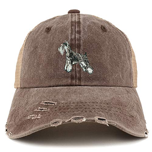 Trendy Apparel Shop Miniature Schnauzer Dog Embroidered Frayed Bill Trucker Mesh Back Cap
