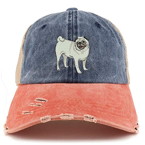 Trendy Apparel Shop Pug Dog Embroidered Frayed Bill Trucker Mesh Back Cap