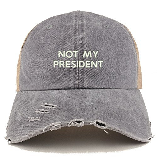 Trendy Apparel Shop Not My President Embroidered Frayed Bill Trucker Mesh Back Cap