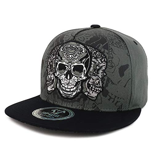 Trendy Apparel Shop Three Skull Embroidered 5 Panel Flatbill Snapback Hat