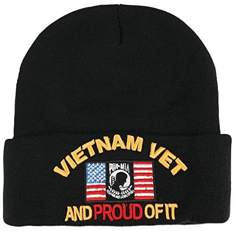 Trendy Apparel Shop Vietnam Vet and Proud of It Pow Mia 3D Embroidered Winter Long Beanie - Black