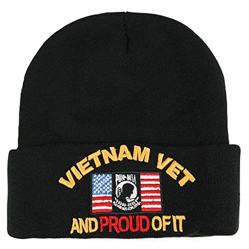 Trendy Apparel Shop Vietnam Vet and Proud of It Pow Mia 3D Embroidered Winter Long Beanie - Black