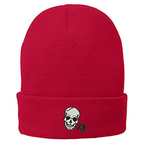 Trendy Apparel Shop Small Skull with Rose Embroidered Winter Knit Long Beanie