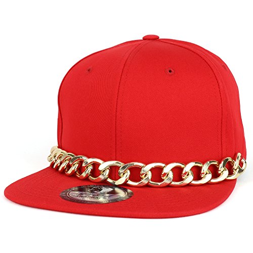 Trendy Apparel Shop Plain Hip Hop Flat Bill Snapback Cap with Gold Chain