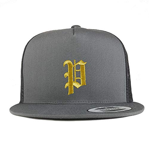 Trendy Apparel Shop Old English Gold P Embroidered 5 Panel Flatbill Trucker Mesh Cap
