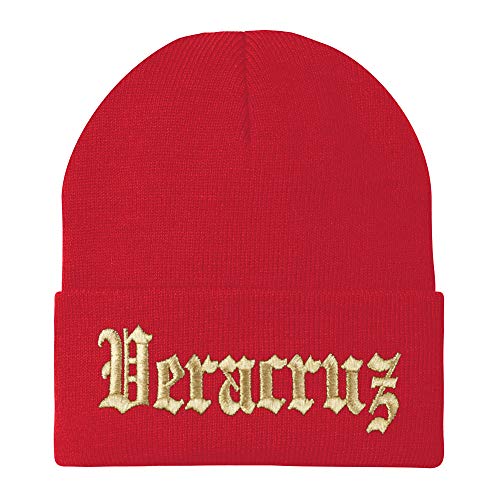 Trendy Apparel Shop Old English Veracruz Gold Embroidered Acrylic Knit Beanie Cap