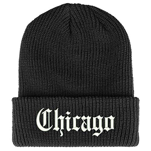 Trendy Apparel Shop Old English Font Chicago City Embroidered Ribbed Cuff Knit Beanie