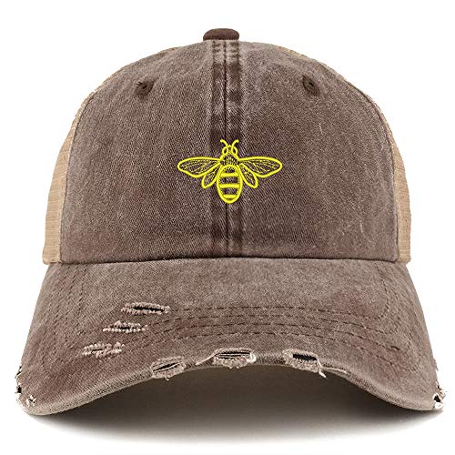 Trendy Apparel Shop Bee Embroidered Pigment Dyed Mesh Back Frayed Bill Cap