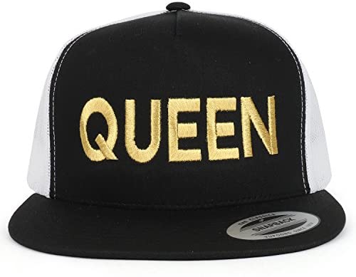 Trendy Apparel Shop Queen Gold Embroidered 5 Panel Flat Bill 2-Tone Mesh Cap