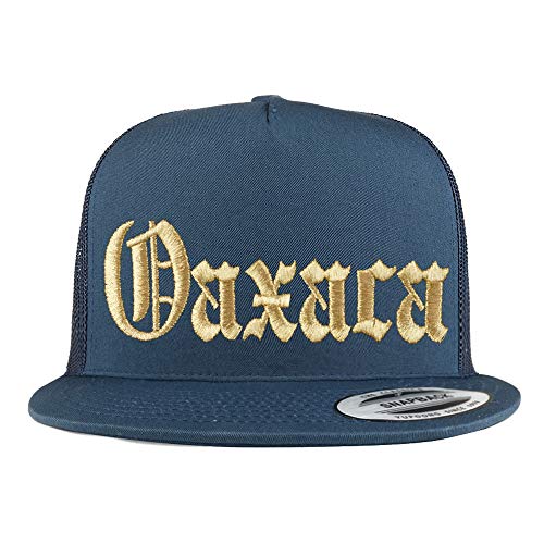 Trendy Apparel Shop Old English Oaxaca Gold Embroidered 5 Panel Flatbill Trucker Mesh Cap
