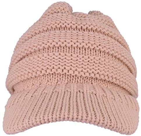 Trendy Apparel Shop Women's Ribbed Knit Winter Ponytail Visor Beanie Cap