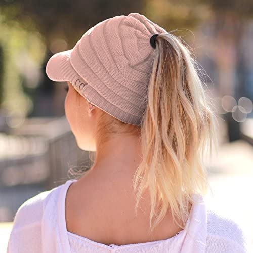 Trendy Apparel Shop Women's Ribbed Knit Winter Ponytail Visor Beanie Cap