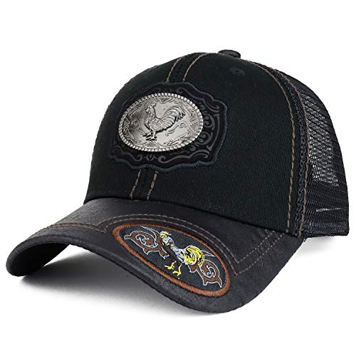 Trendy Apparel Shop Metallic Rooster Emblem Leather Patch Trucker Baseball Cap