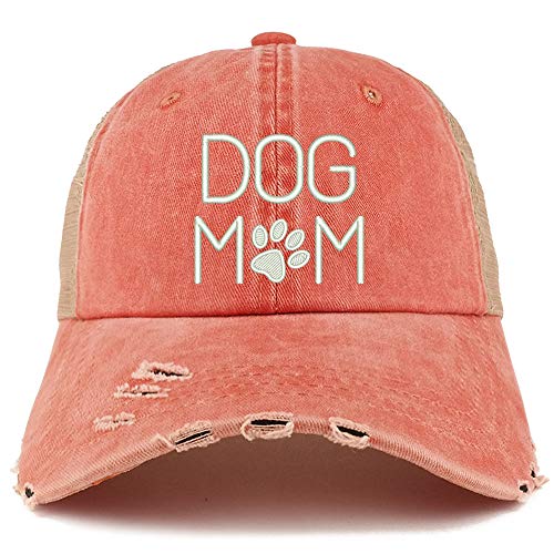 Trendy Apparel Shop Dog Mom with Paw Embroidered Frayed Bill Trucker Mesh Back Cap