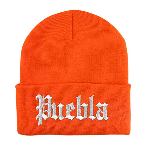 Trendy Apparel Shop Old English Puebla White Embroidered Acrylic Knit Beanie Cap