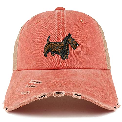 Trendy Apparel Shop Scottish Terrier Dog Embroidered Frayed Bill Trucker Mesh Back Cap