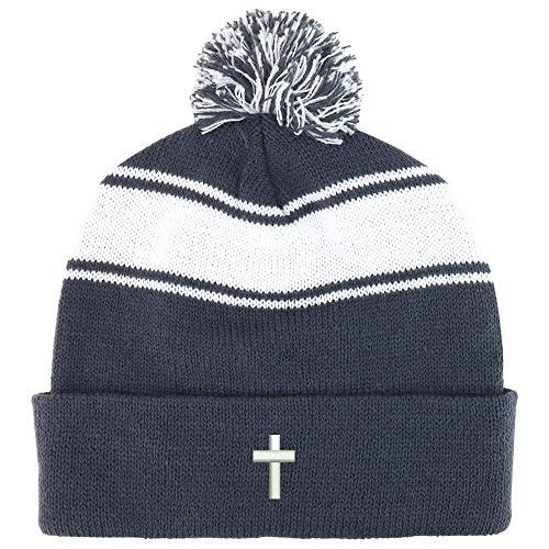 Trendy Apparel Shop Cross Embroidered Two Tone Pom Striped Long Beanie Hat