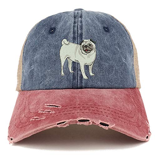 Trendy Apparel Shop Pug Dog Embroidered Frayed Bill Trucker Mesh Back Cap