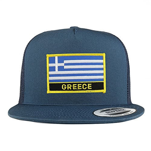 Trendy Apparel Shop Greece Flag 5 Panel Flatbill Trucker Mesh Snapback Cap
