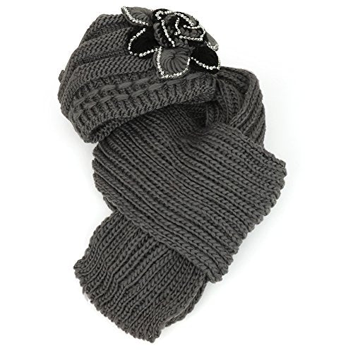 Trendy Apparel Shop Studded Floral Knitted Fleece Lined Beanie and Knit Scarf Set 2PC