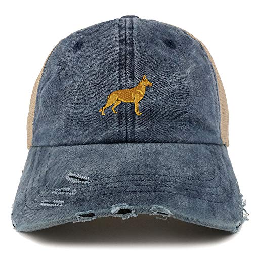 Trendy Apparel Shop German Shepherd Dog Embroidered Frayed Bill Trucker Mesh Back Cap