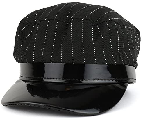 Trendy Apparel Shop Striped Greek Newsboy Style Fiddler Patent Leather Trim Hat