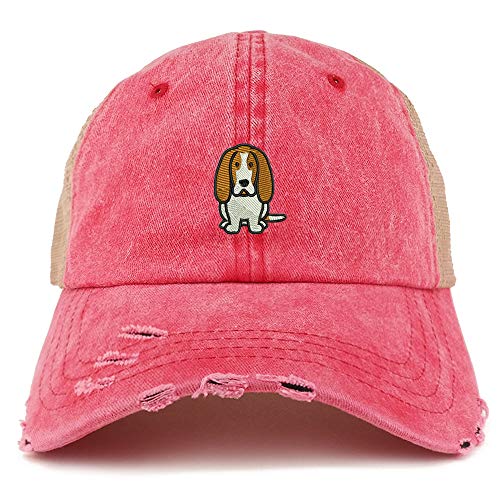 Trendy Apparel Shop Basset Hound Dog Embroidered Frayed Bill Trucker Mesh Back Cap