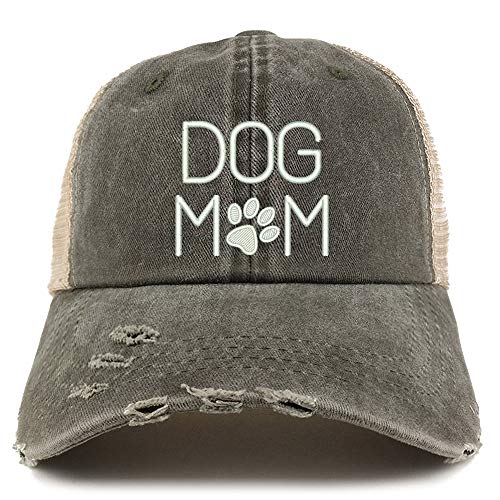 Trendy Apparel Shop Dog Mom with Paw Embroidered Frayed Bill Trucker Mesh Back Cap