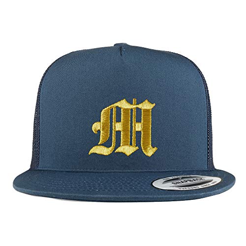 Trendy Apparel Shop Old English Gold M Embroidered 5 Panel Flatbill Trucker Mesh Cap