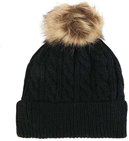Trendy Apparel Shop Kid's Cable Knit Cuffed Up Fur Pom Winter Beanie