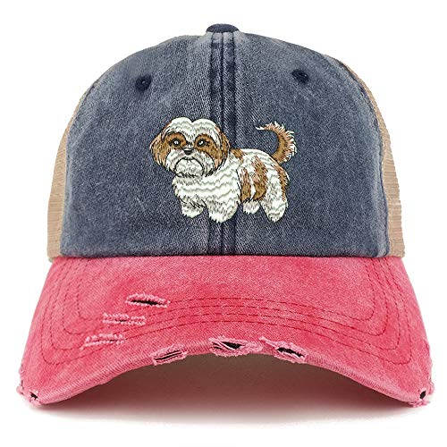 Trendy Apparel Shop Shih Tzu Dog Embroidered Frayed Bill Trucker Mesh Back Cap