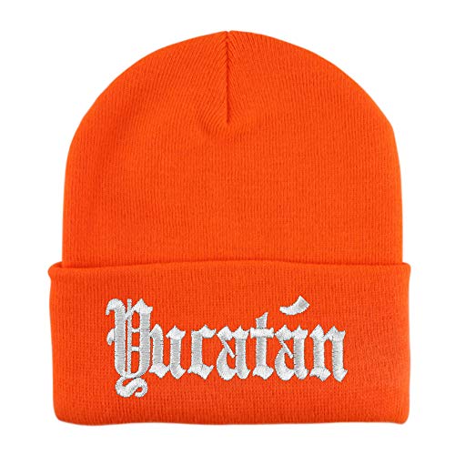Trendy Apparel Shop Old English Yucatan White Embroidered Acrylic Knit Beanie Cap
