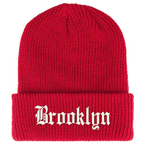 Trendy Apparel Shop Old English Font Brooklyn City Embroidered Ribbed Cuff Knit Beanie