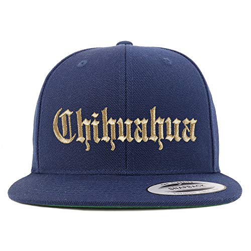 Trendy Apparel Shop Old English Chihuahua Gold Embroidered Flatbill Snapback Baseball Cap
