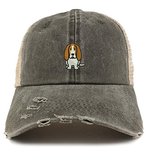 Trendy Apparel Shop Basset Hound Dog Embroidered Frayed Bill Trucker Mesh Back Cap